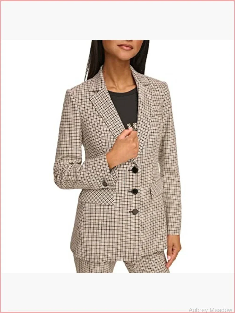Three Button Plaid Fitted Blazer Notch Collar Long Sleeve Polyester